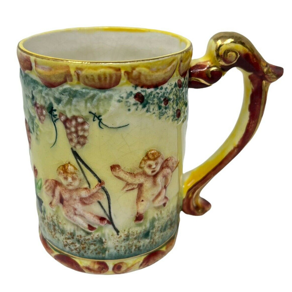 Hand Printed Modern Style Gold Handled Tea Coffee Mug Cherub Design - Picture 4 of 7